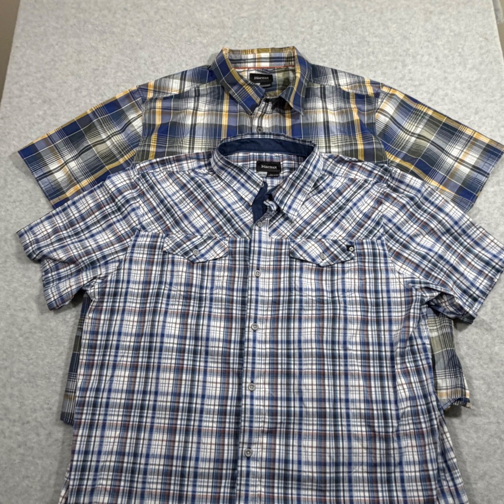 Marmot Plaid Button Down Mens XXL Blue White Brown Short‎ Sleeve Lot of 2